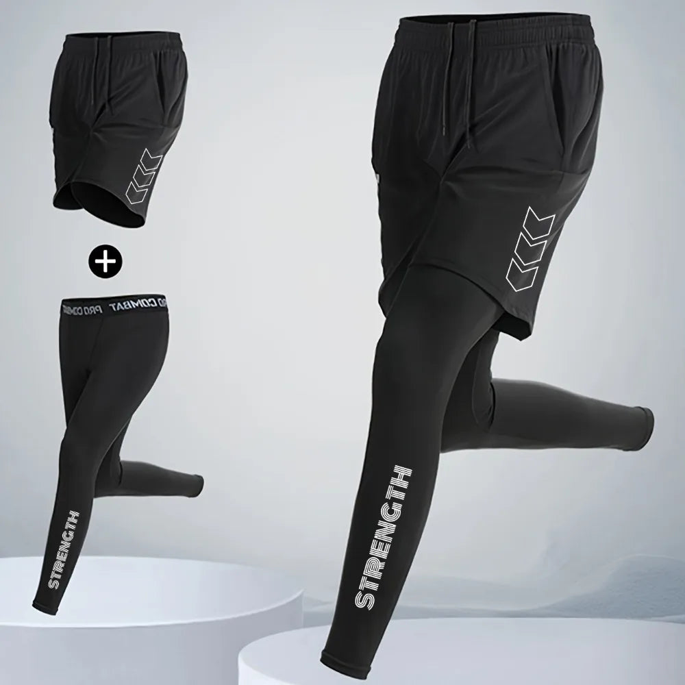 Men's 2 in1 Compression Sport Pants Quick Dry Training Athletic Pants Male Gym Fitness Jogging Running Workout Trousers