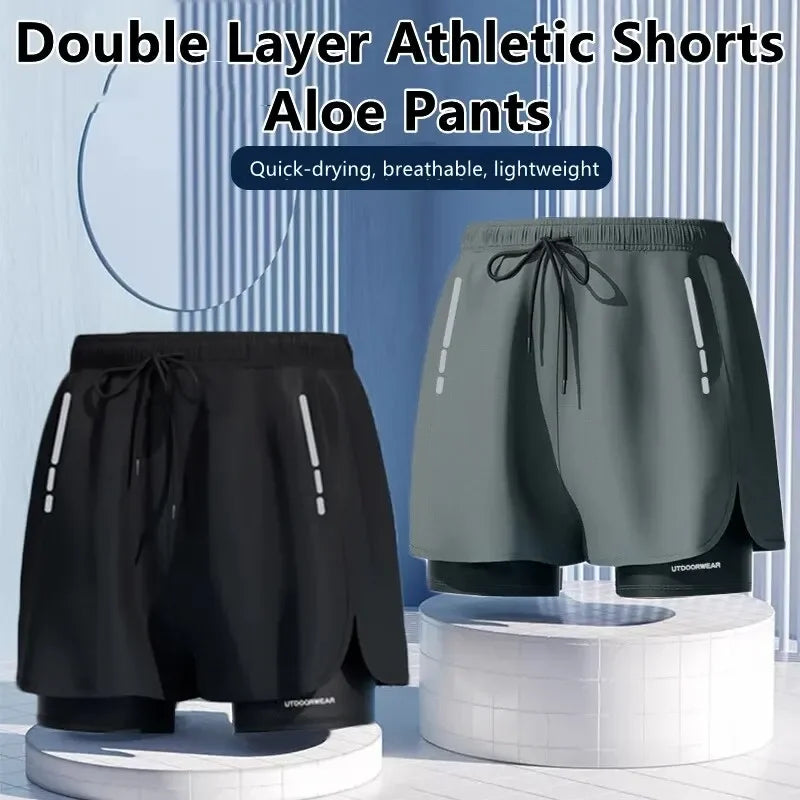 Men’s Double Layer Athletic Shorts Quick Dry Swim Trunks